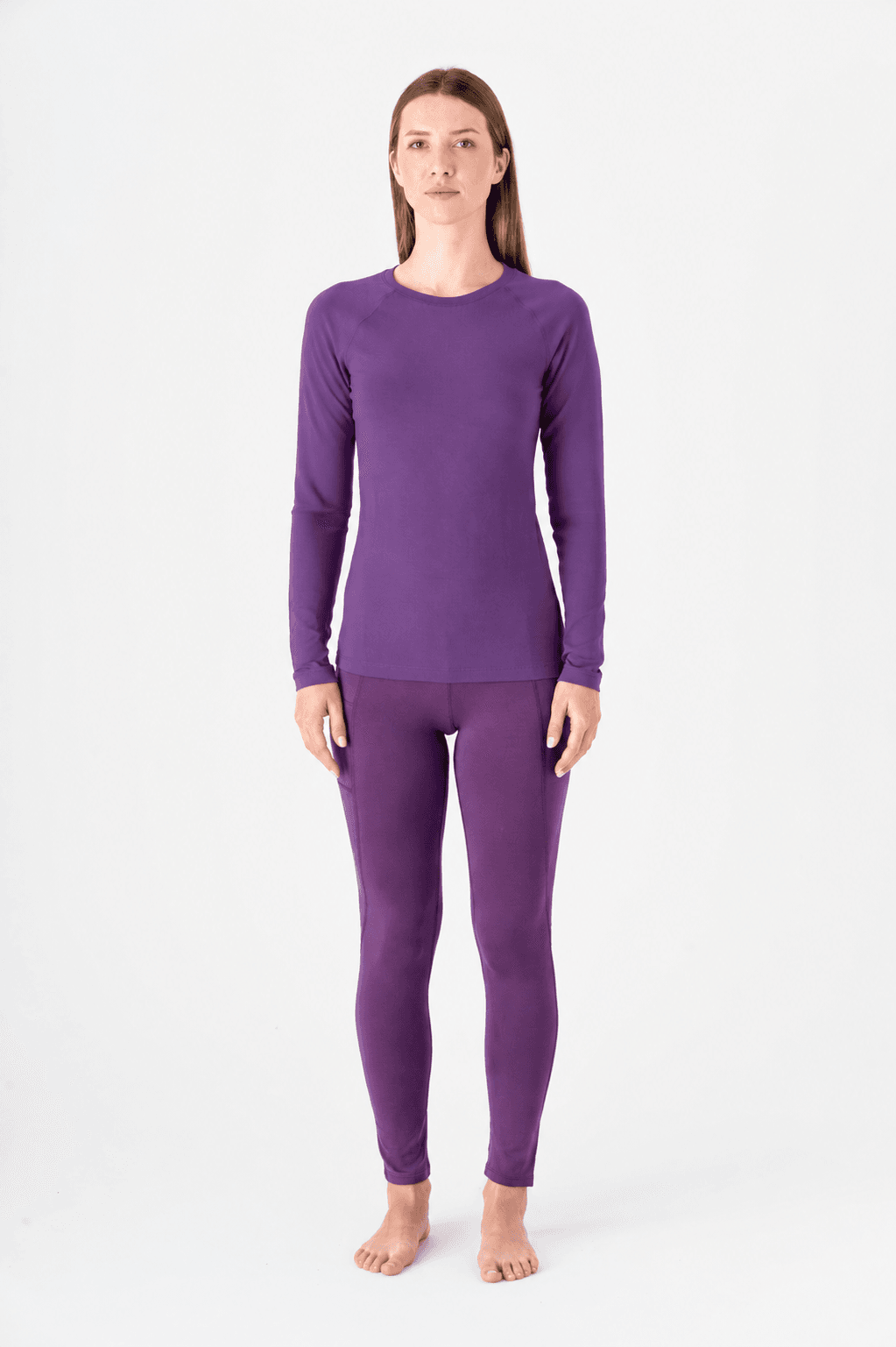 Women’s Tencel long sleeve shirt in purple, crew neck, fitted long sleeves, matching pants.