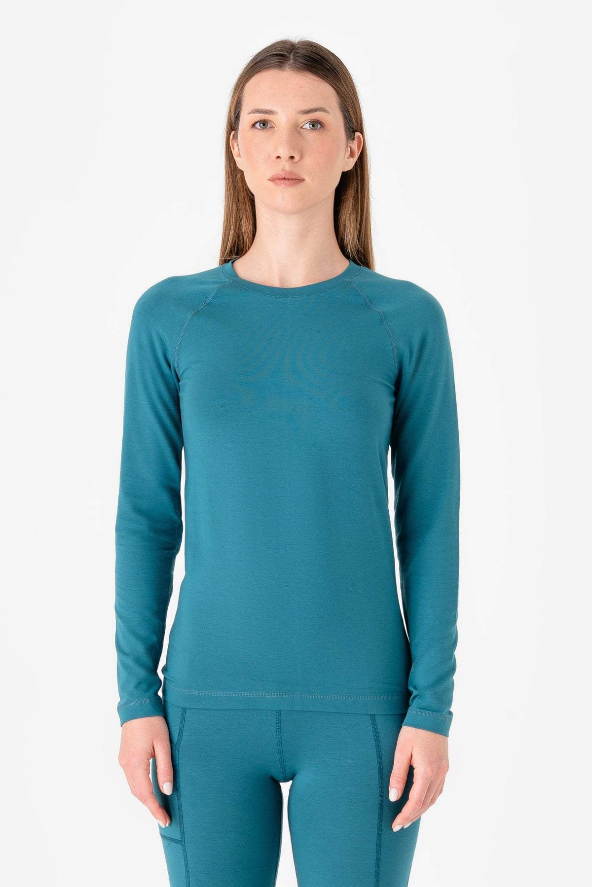 Teal womens long sleeve Tencel shirt, crew neck, slim fit