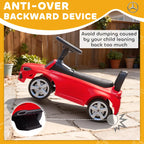 Red Mercedes-Benz ride-on car with black seat and anti-over back support