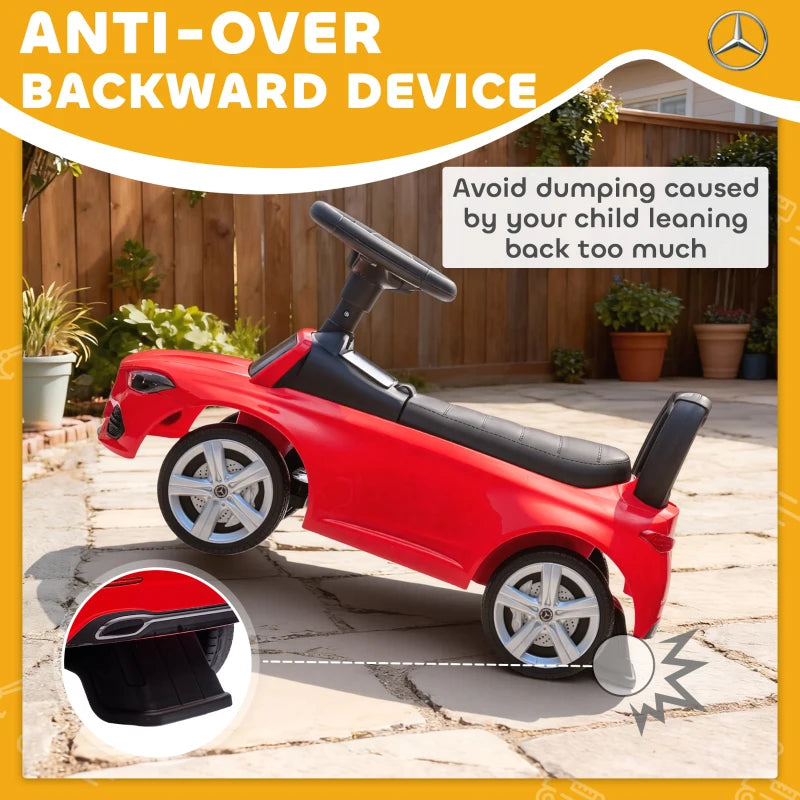 Red Mercedes-Benz ride-on car with black seat and anti-over back support