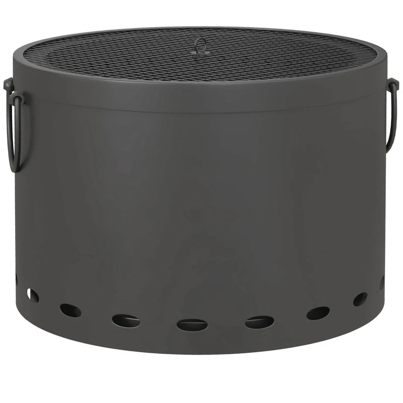 Dark grey portable fire pit with vent holes and side carrying handles