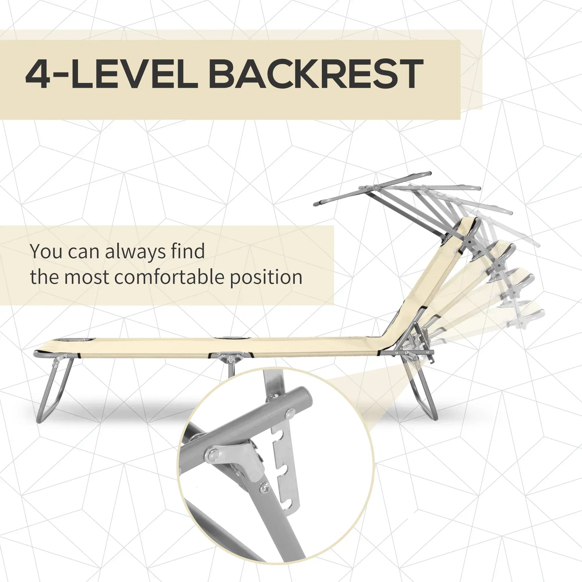 2 Pieces Outdoor Foldable Sun Lounger, 4 Level Adjustable Backrest Reclining Sun Lounger Chair with Angle Adjust Sun Shade Awning for Beach, Garden, Patio, Beige - Bobobiy