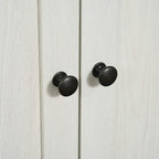 White cabinet doors with two round black knobs, close-up.