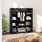 Black fabric wardrobe with hanging rail, open shelves, and folded clothes storage