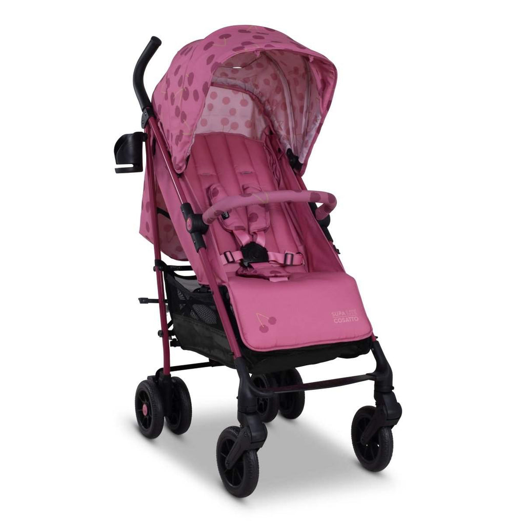 Cherry pink patterned stroller with padded seat, canopy and front swivel wheels