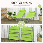 Folding set of two green reclining sun loungers with padded headrests and steel frames