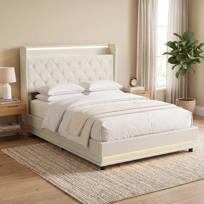 Cream platform bed frame with tufted headboard and under-bed LED light strip