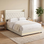 Cream platform bed frame with tufted headboard and under-bed LED light strip