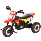 Red and black motorcycle-style ride-on tricycle with gray seat and front light