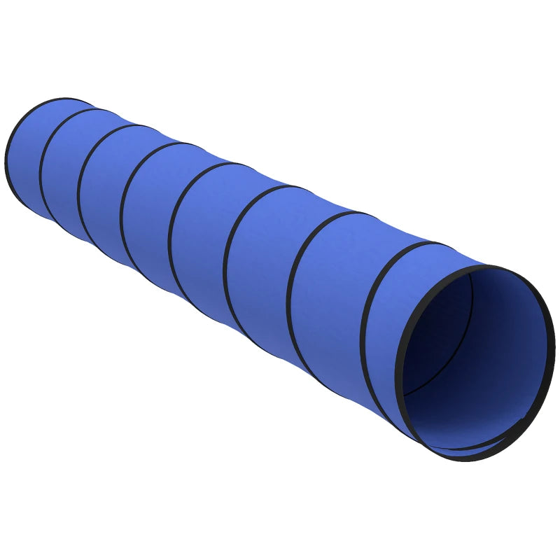 Blue foldable dog agility tunnel with dark ring seams and circular open ends