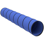 Blue foldable dog agility tunnel with dark ring seams and circular open ends