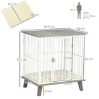 White-bar dog crate end table with gray tabletop and size dimensions