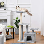 Light grey cat tree tower with plush steps and hanging ball, cat playing on perch