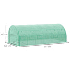 Green greenhouse tent polytunnel with curved roof and straight frame, measured view