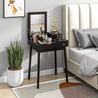 Black dressing table with flip-up mirror, countertop storage, and two drawers
