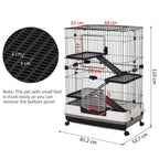 Three-tier small animal hutch with black wire bars, platforms, ramps, and white base