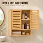 Oak bathroom wall cabinet with louvered doors and open shelf for stored toiletries