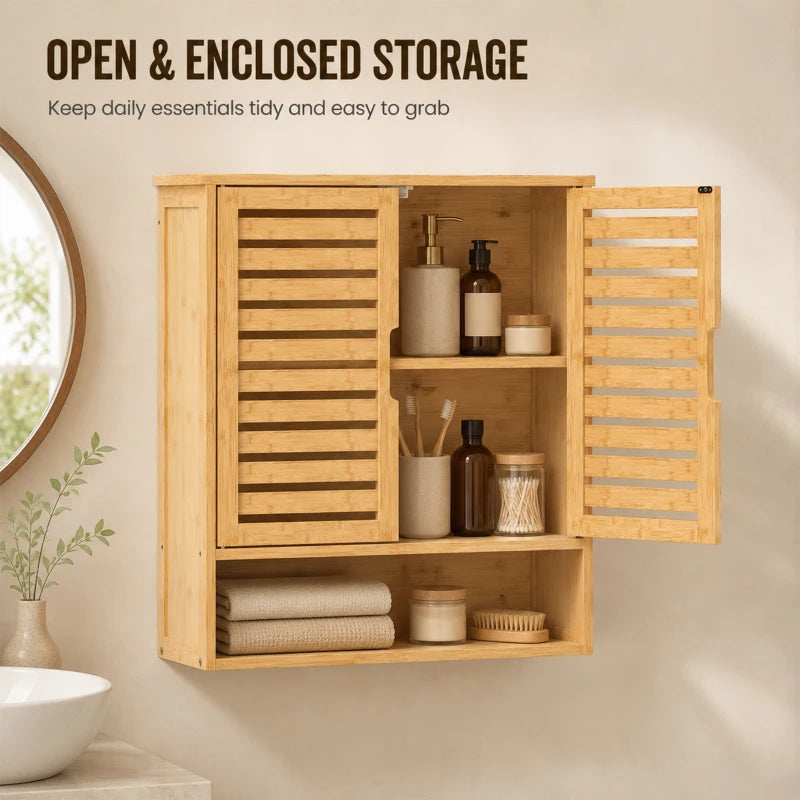 Oak bathroom wall cabinet with louvered doors and open shelf for stored toiletries