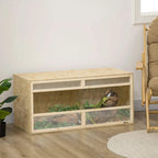 Reptile terrarium with OSB wood body, front mesh vents, clear sliding doors with a lizard inside