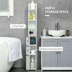 White tall bathroom cabinet with open shelves and lower closed cupboard compartments