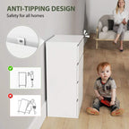 White 4-drawer chest with anti-tipping strap detail near the back base.