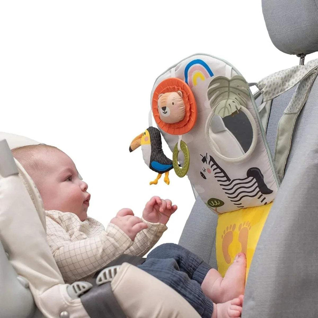 Baby play & kick activity car toy with lion face ring, mirror, rainbow, and bird