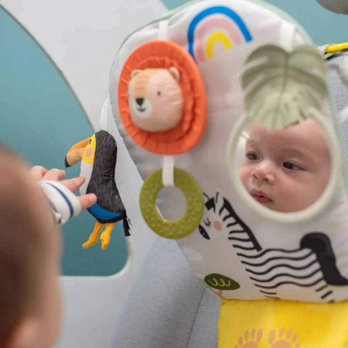 Baby play & kick activity car toy close-up with lion head ring and arched mirror
