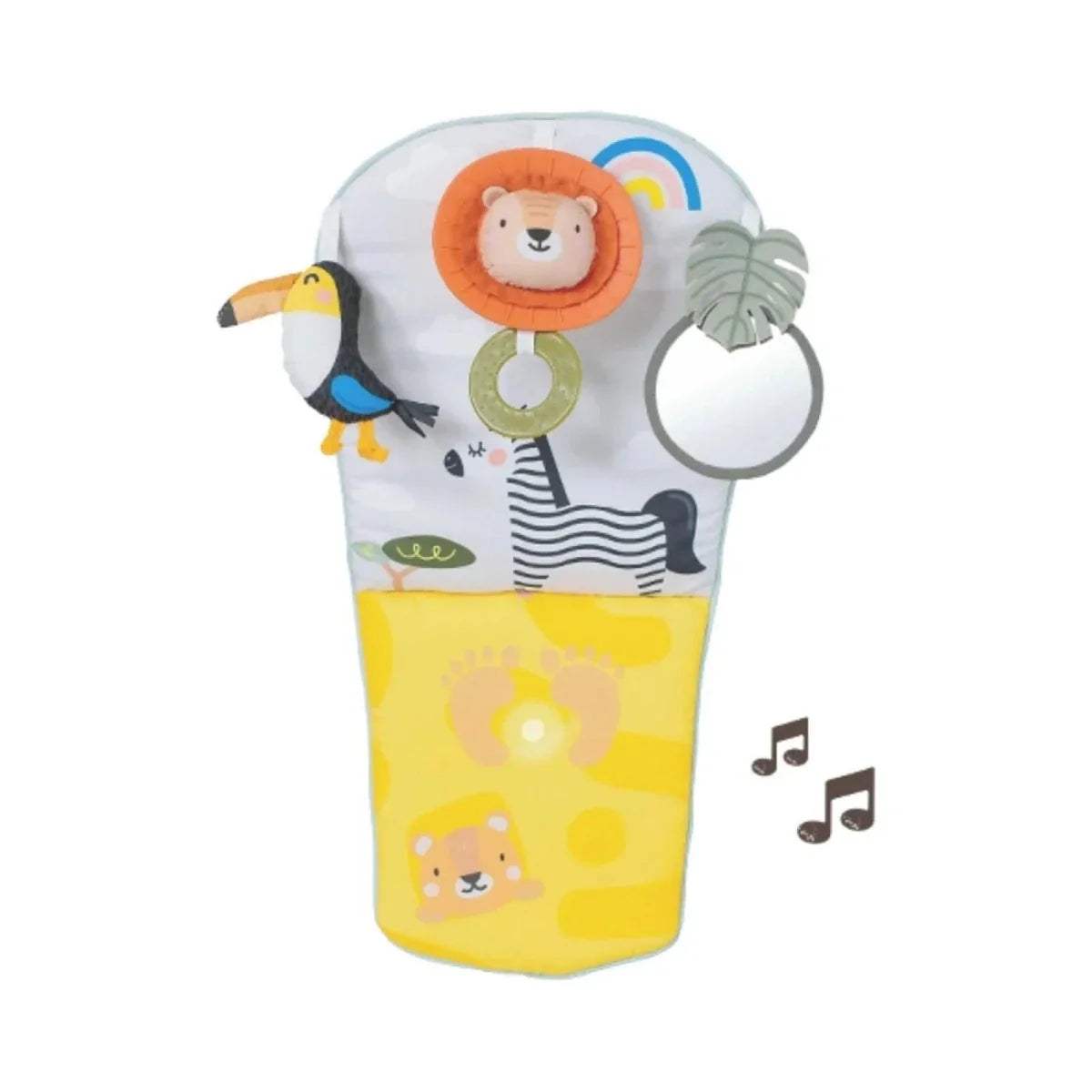 Baby play & kick activity car toy featuring lion, zebra, bird, rainbow, and rear clip