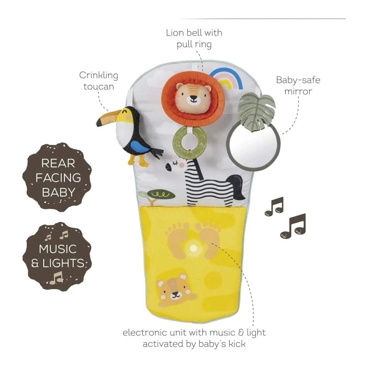 Baby play & kick activity car toy with lion bell, mirror, crinkling touch, and music lights