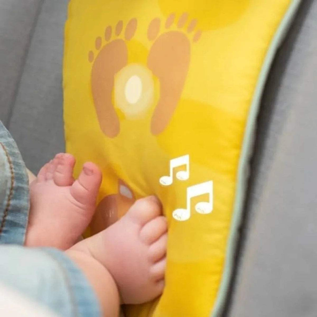 Yellow fabric panel on baby play & kick activity car toy with printed paw lights and notes