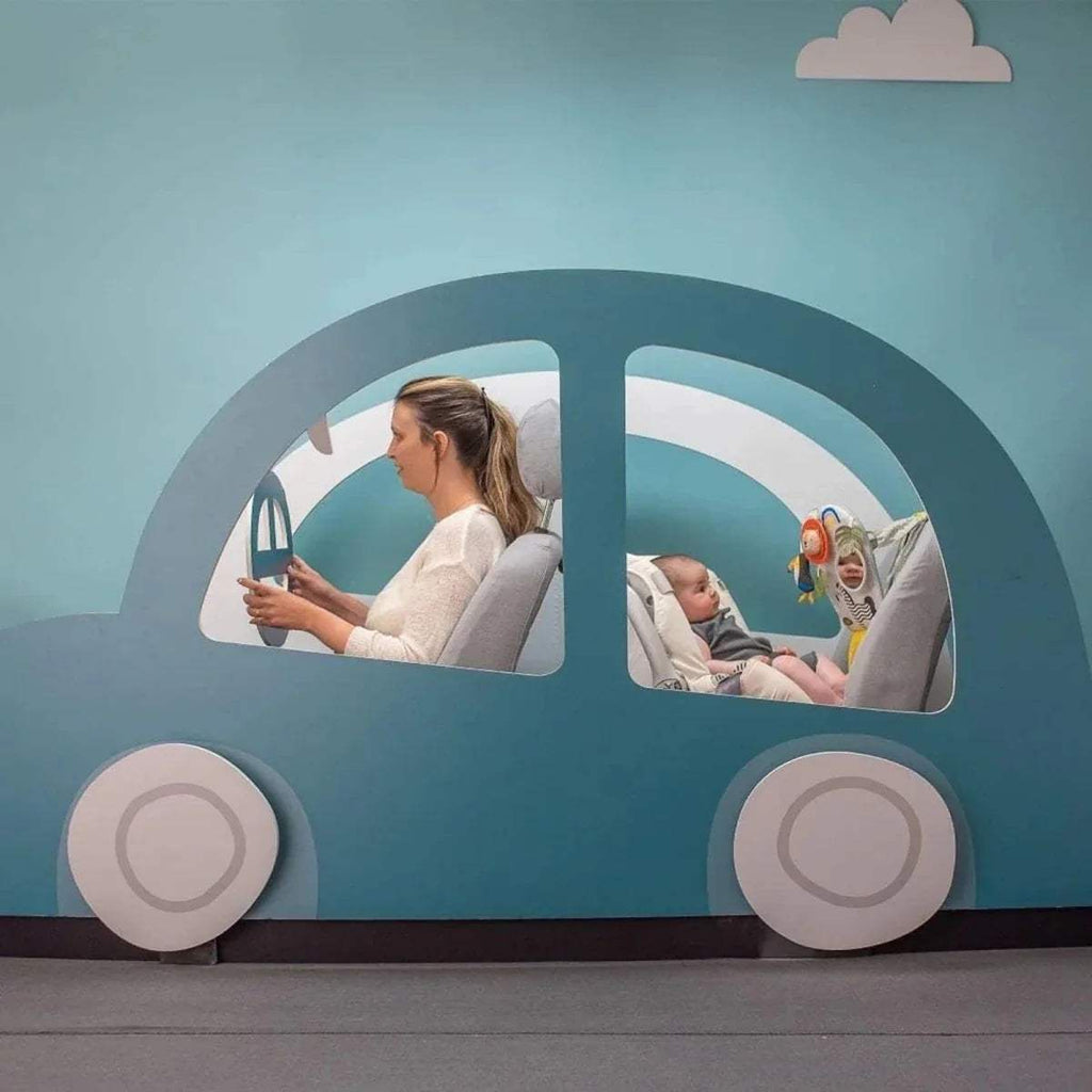 Baby play & kick car toy display with two viewing windows and wheels