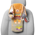 Bunny-themed car activity toy with crinkly ball, textured straps, and hanging ladybug detail