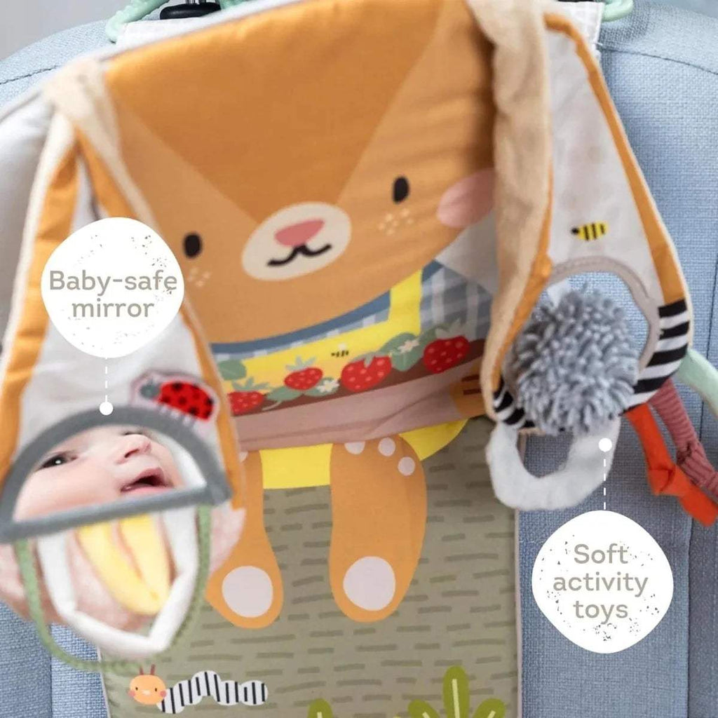 Hanging bunny car toy with baby-safe mirror, gray crinkly ball, and patterned ladybug section