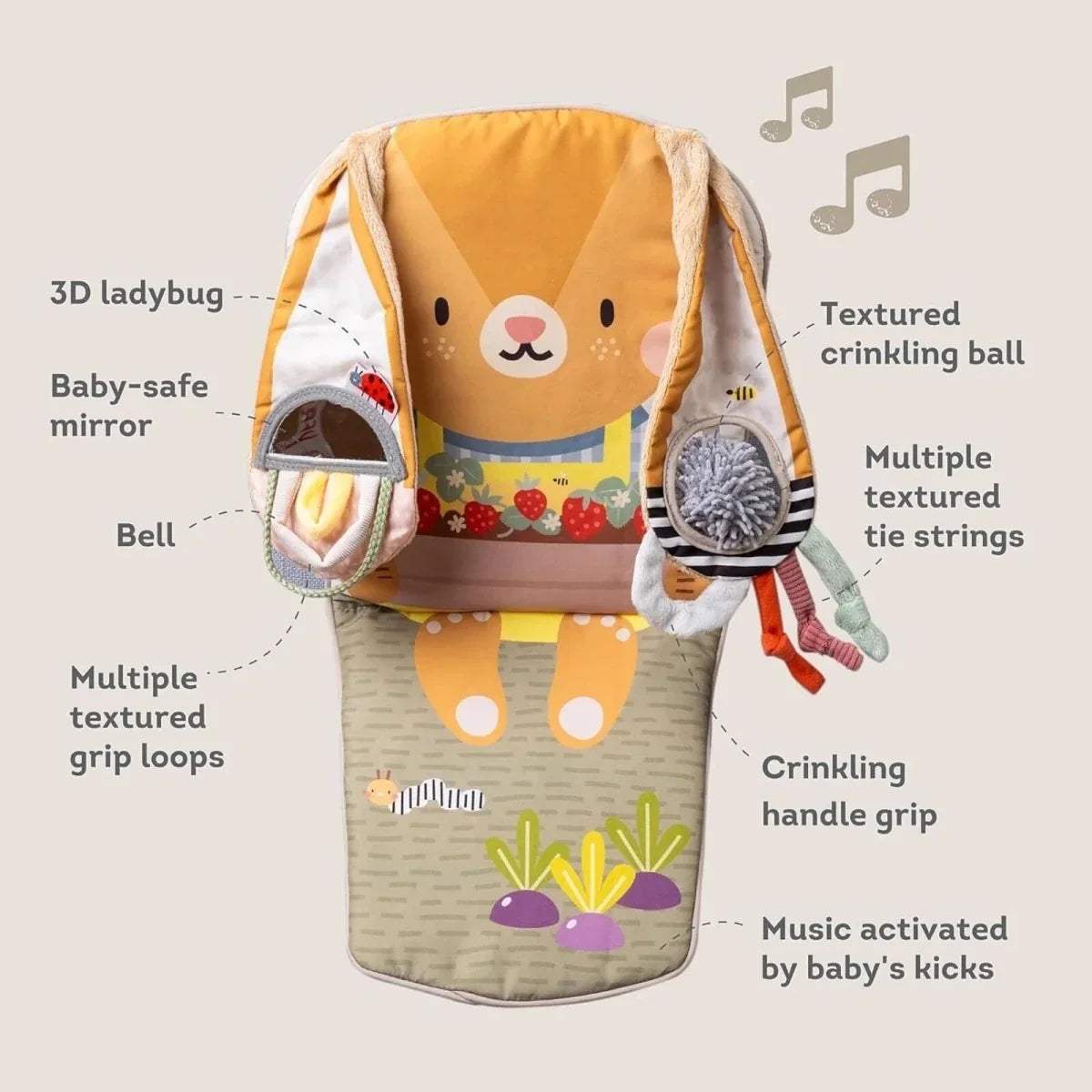 Bunny car activity toy with multiple textures, crinkling ball, and dangling fabric tie straps