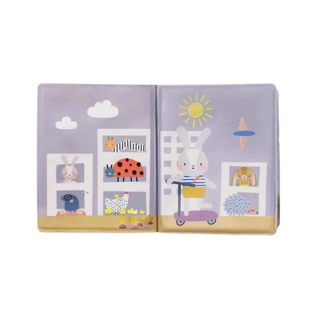 Open peek-a-boo water book with bunny in a room scene and window graphics