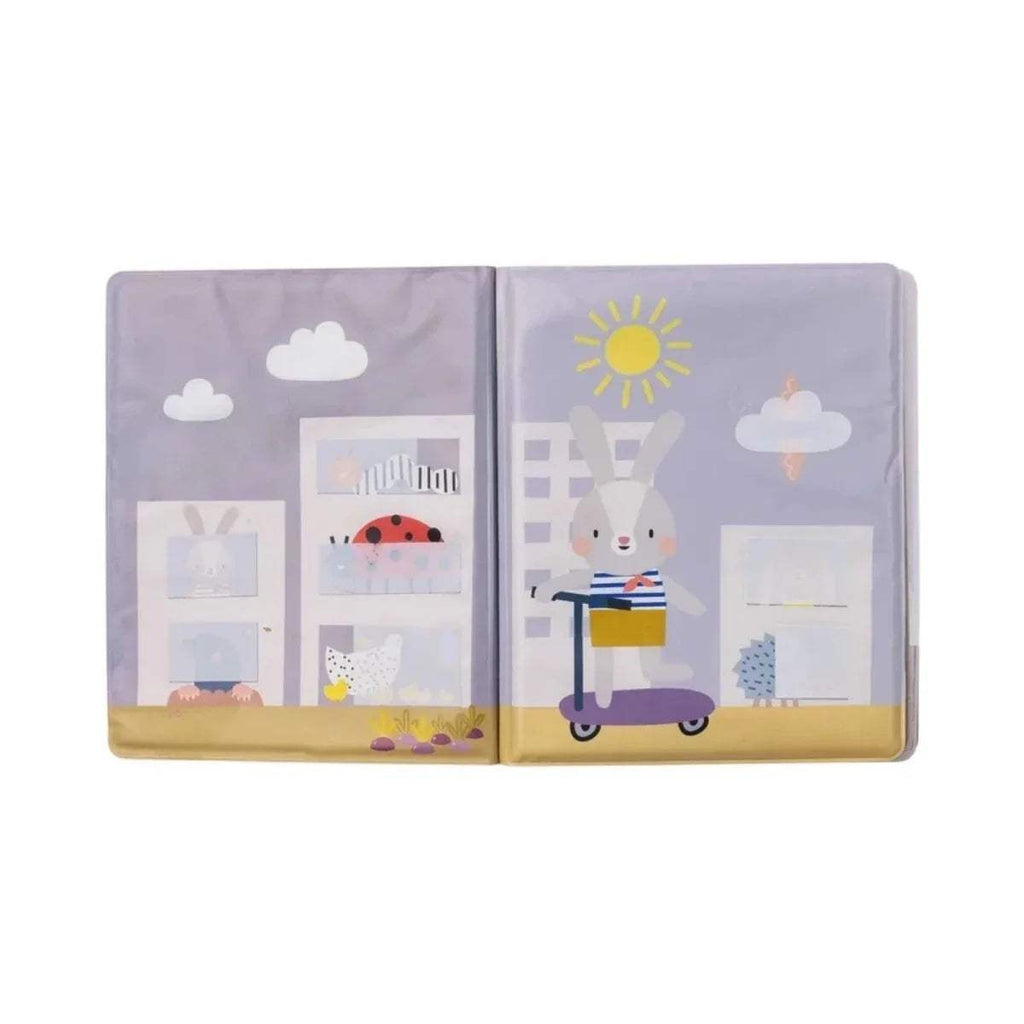 Open peek-a-boo water book with bunny and animal characters in indoor scenes