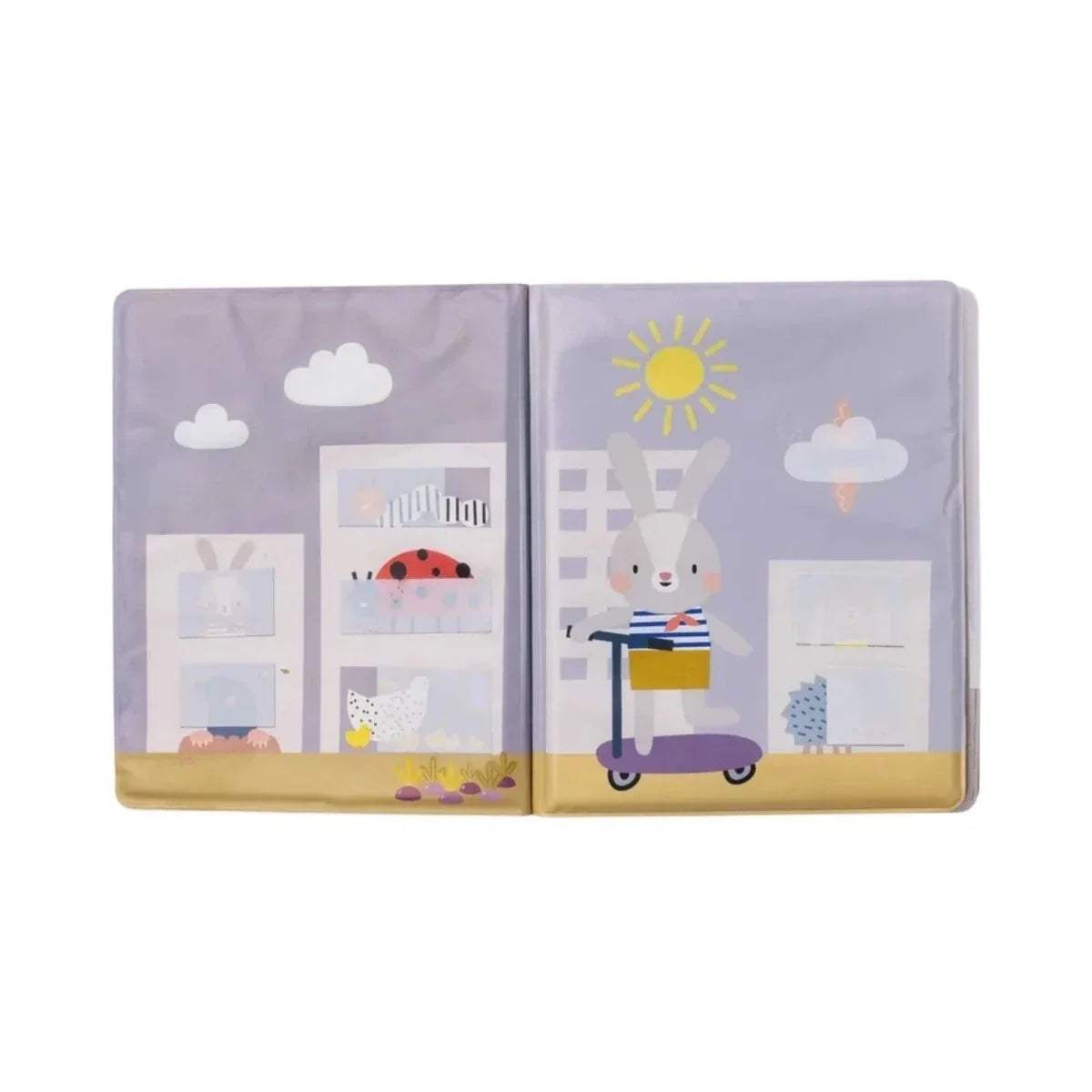Open peek-a-boo water book with bunny and animal characters in indoor scenes