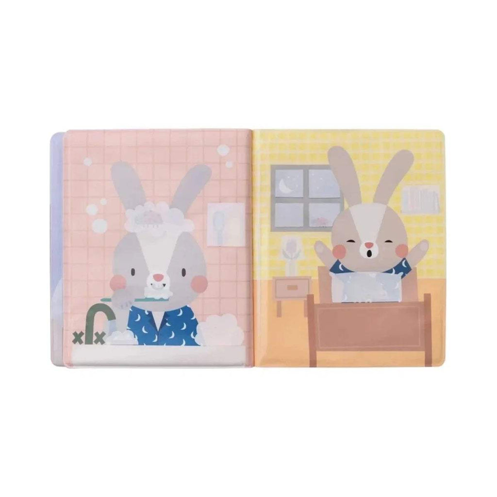Open peek-a-boo water book with bunny in kitchen and classroom window scene