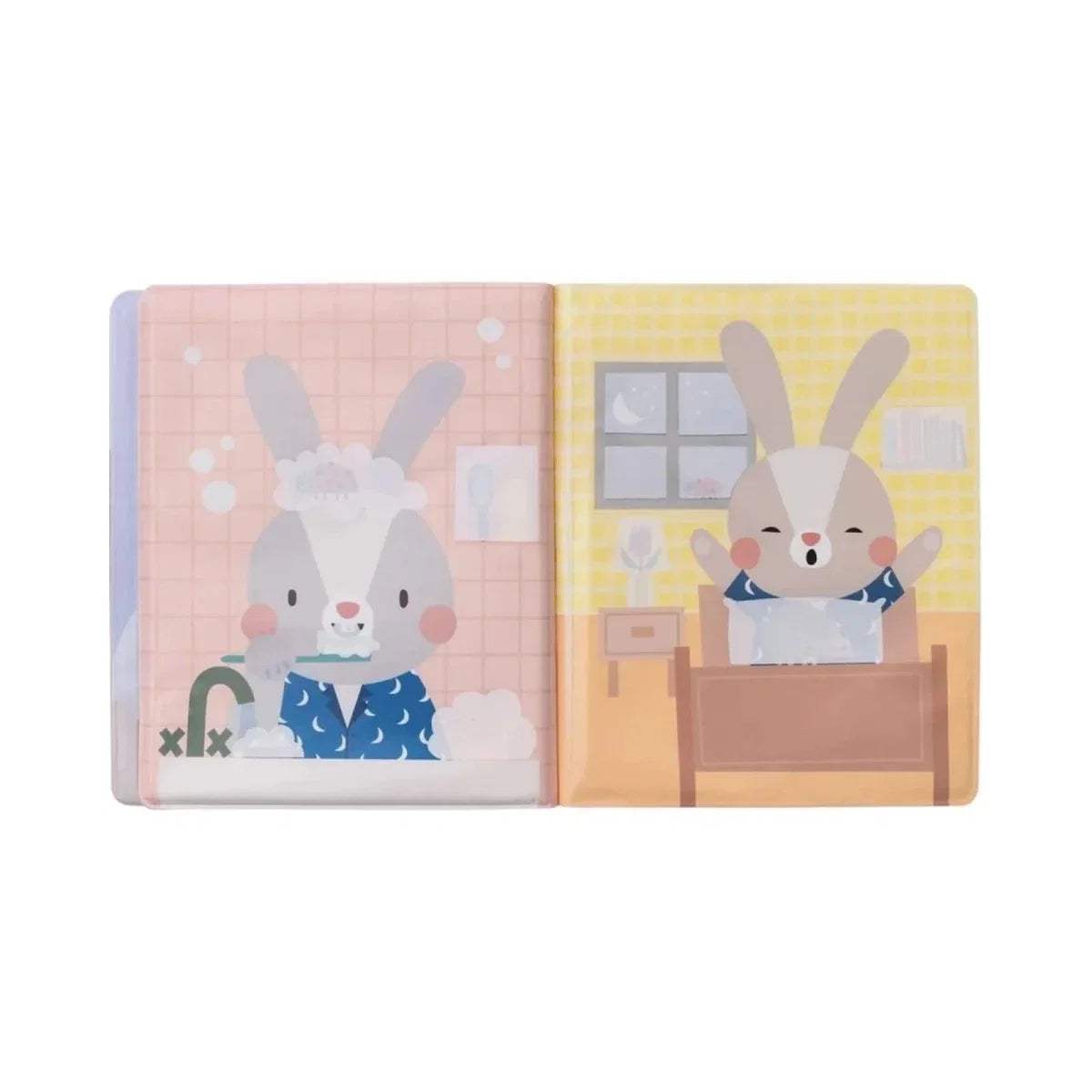 Open peek-a-boo water book with bunny in kitchen and classroom window scene