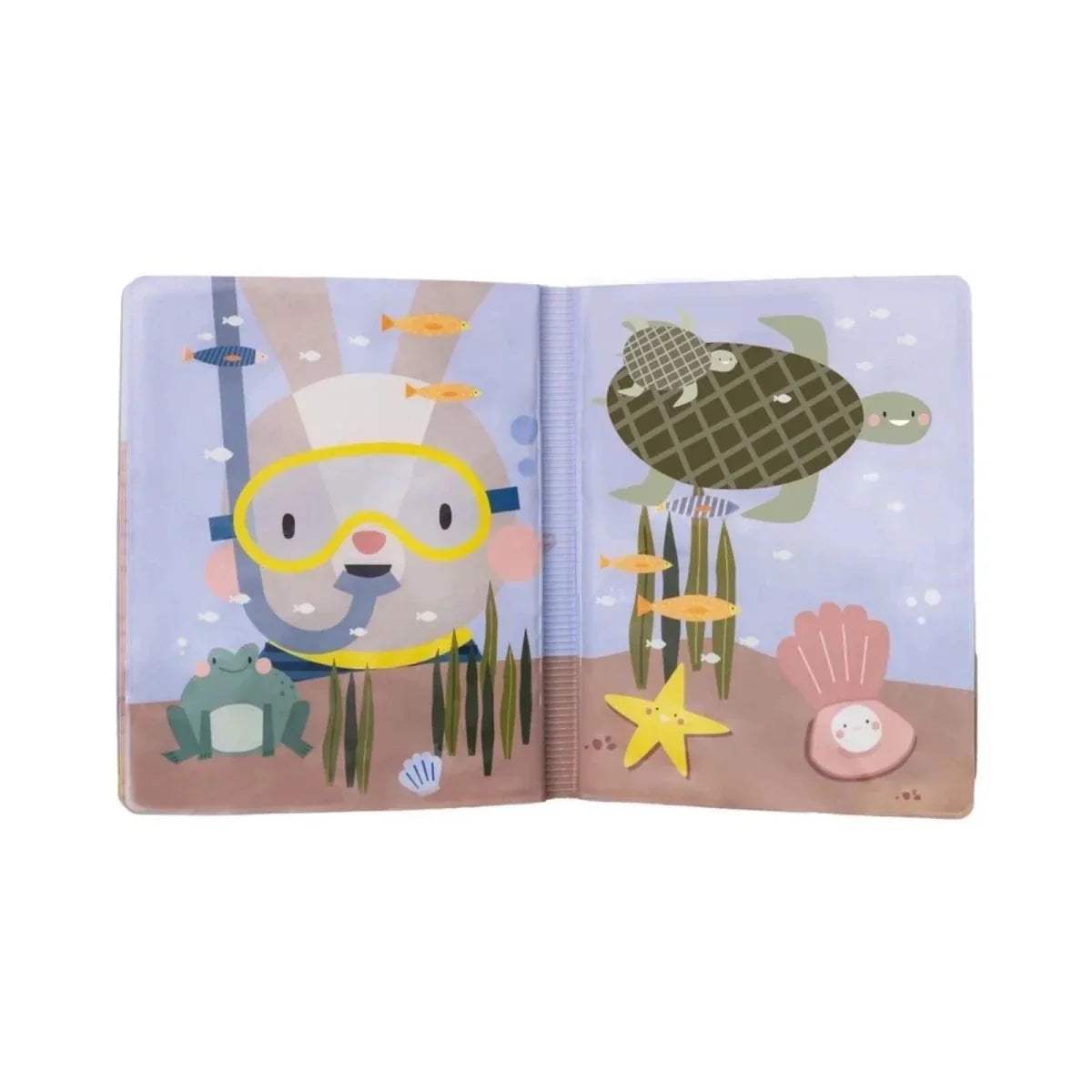 Open water activity book page with bunny wearing goggles, turtle, and starfish