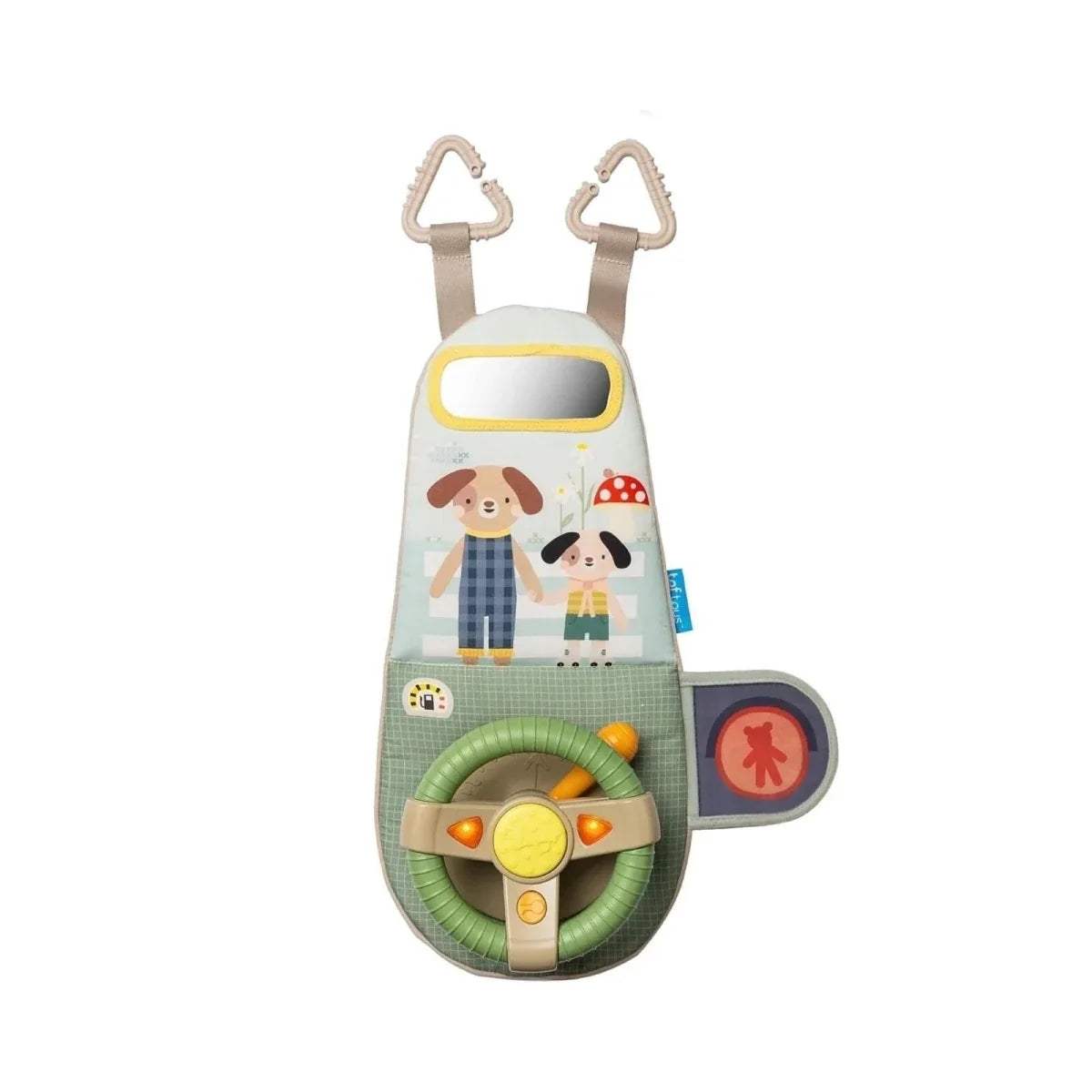 Blue travel toy dashboard with steering wheel, gear lever, traffic light panel