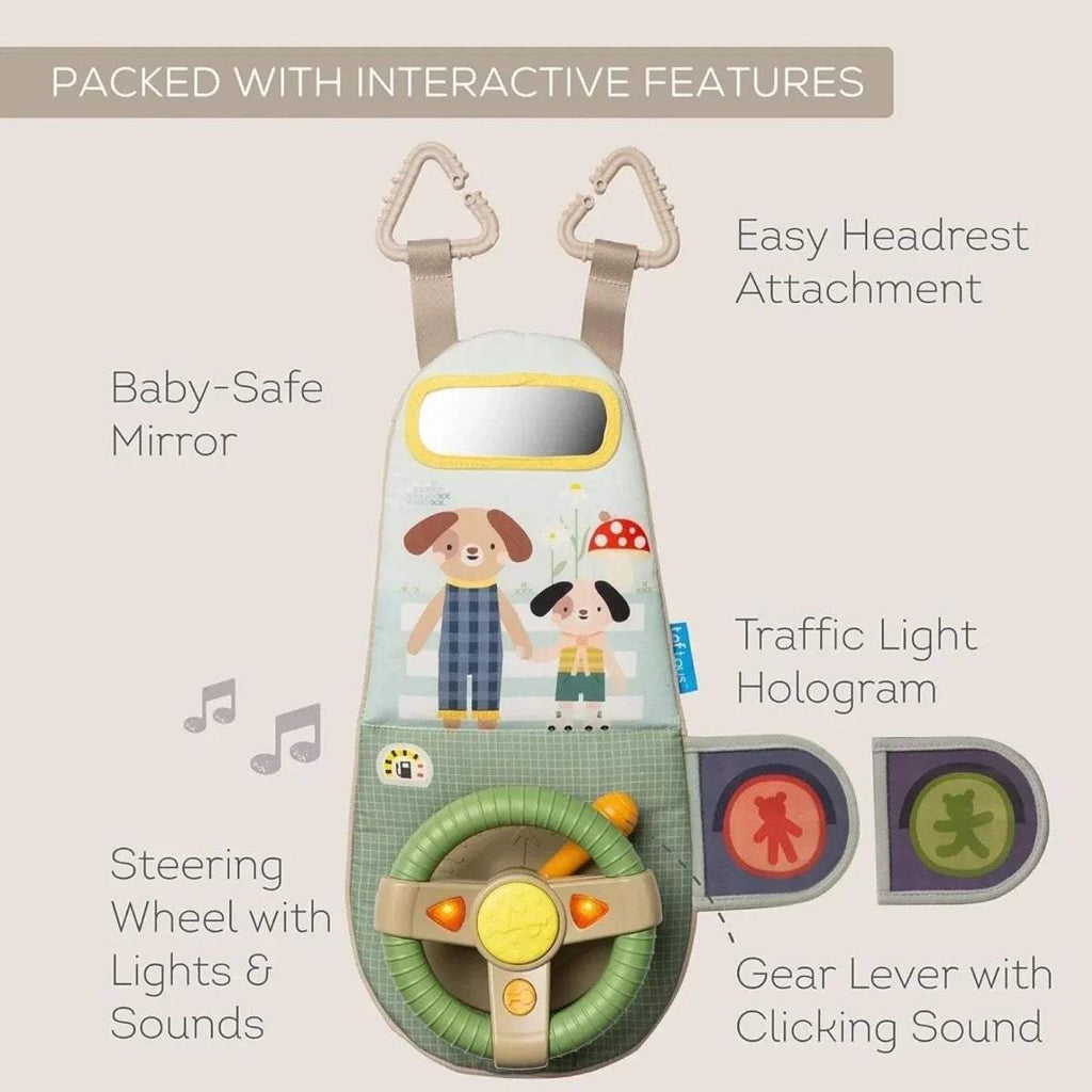 Travel toy dashboard with steering wheel, gear lever, traffic light hologram and mirror