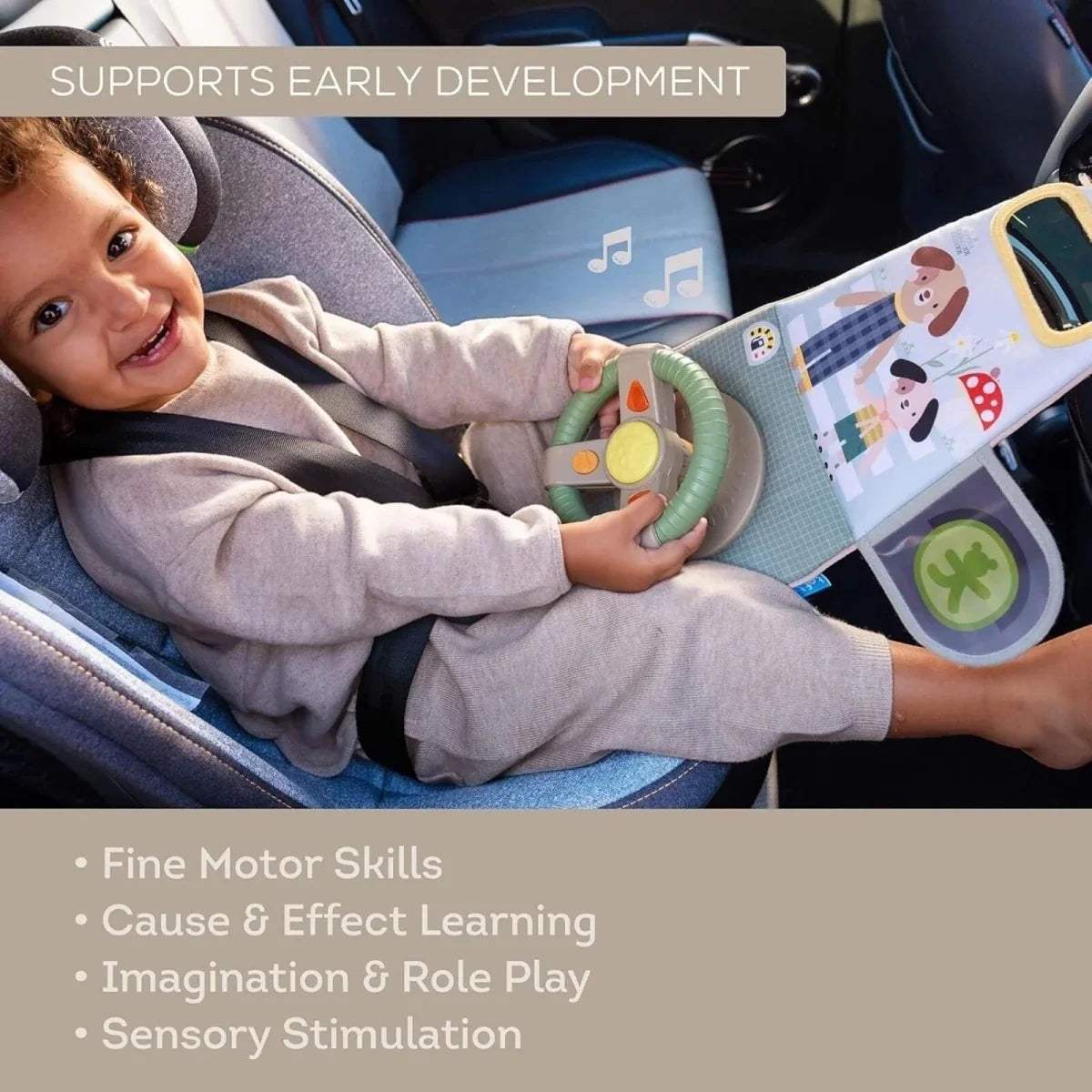 Car travel toy dashboard with green steering wheel, gear lever, and traffic light hologram