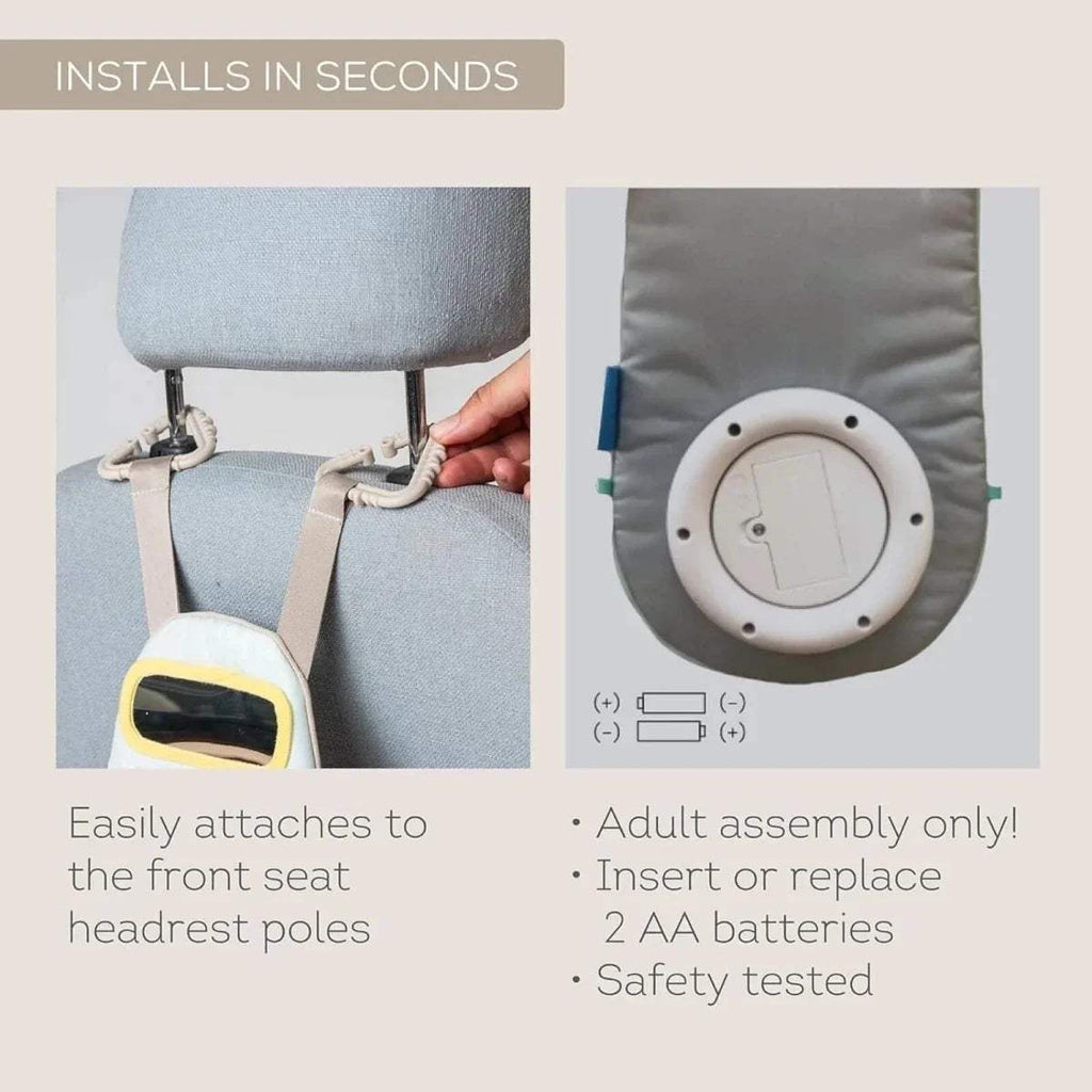 Travel toy attachment straps and round battery compartment panel for car headrest