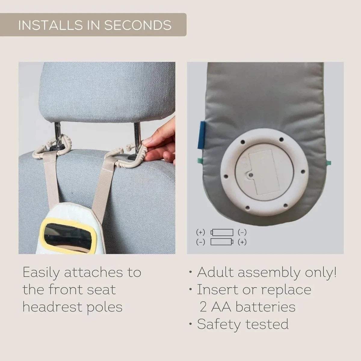 Travel toy attachment straps and round battery compartment panel for car headrest