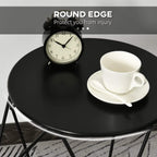 Round black side table with smooth round tabletop edge and black steel legs