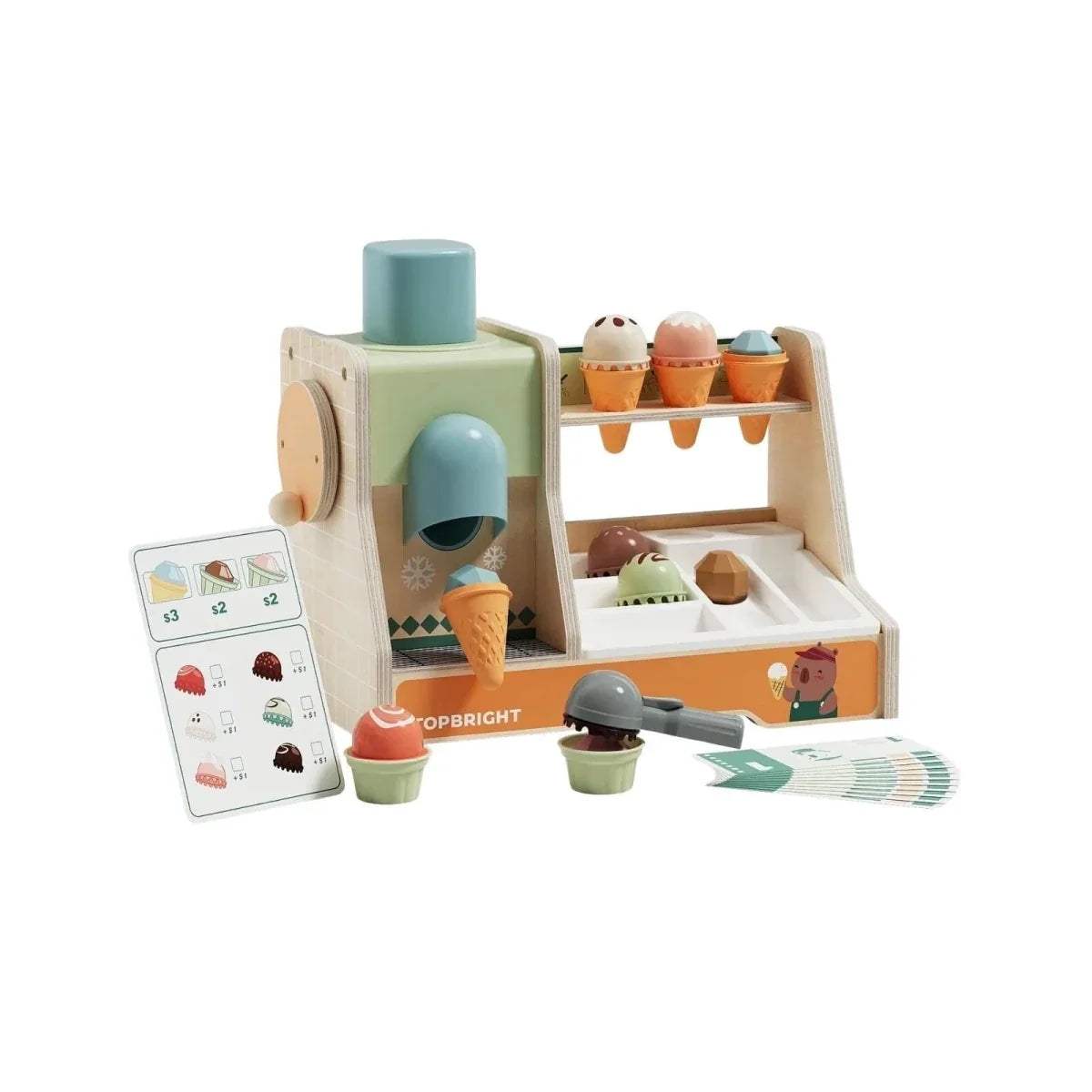 Wooden ice cream play machine with teal pump, molds, cones, and scoop accessories