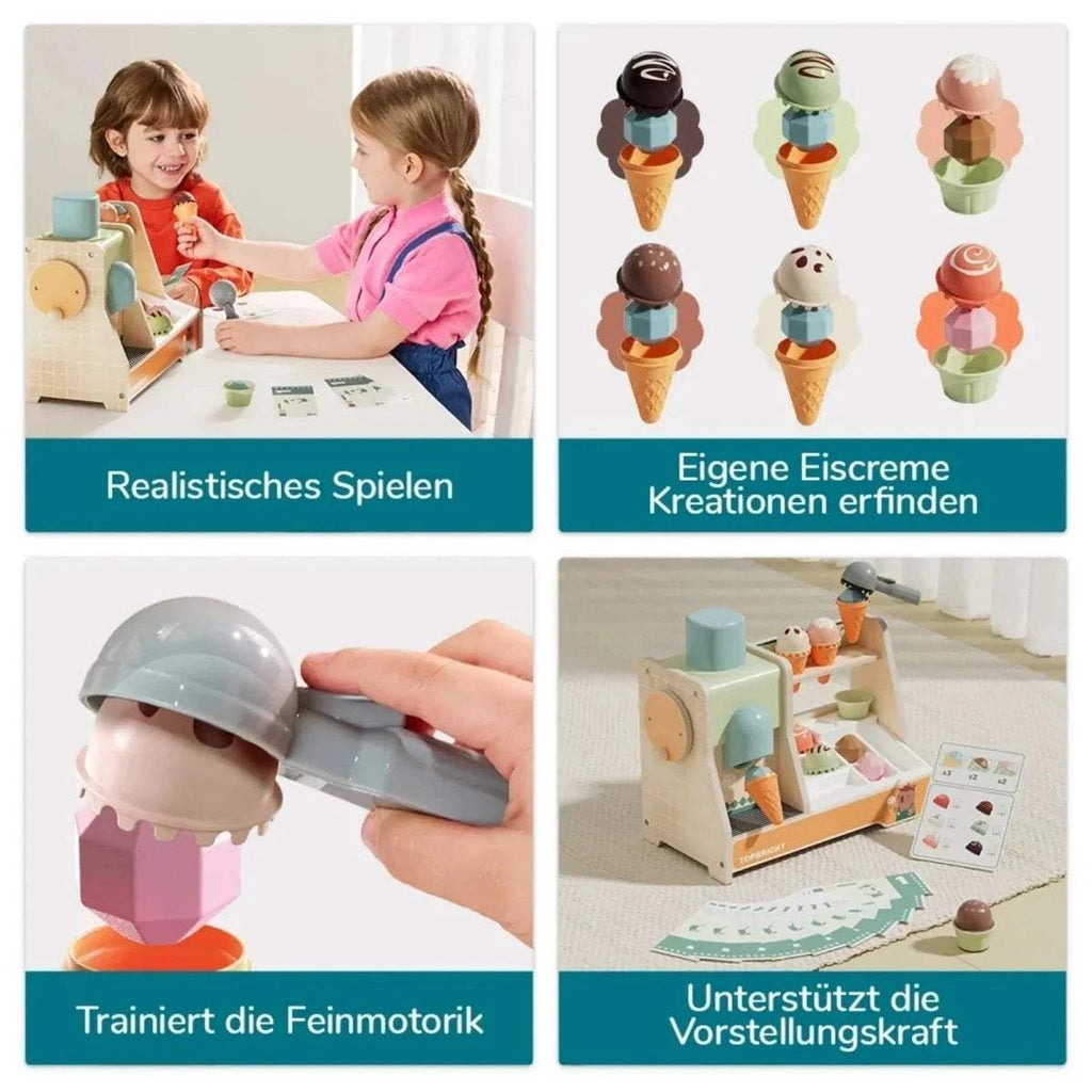 Wooden ice cream play set with child using a teal scoop maker at a table