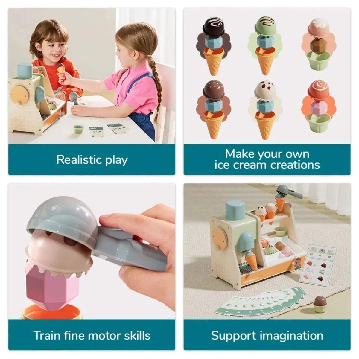 Kids playing with a wooden ice cream machine and colorful scoop accessories
