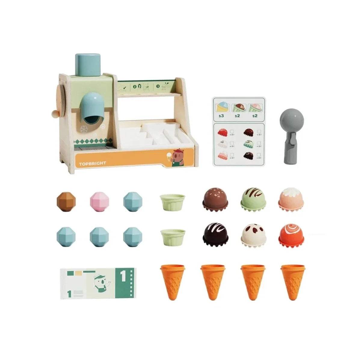 Wooden ice cream maker play set with teal dispenser, cones, and scoop molds